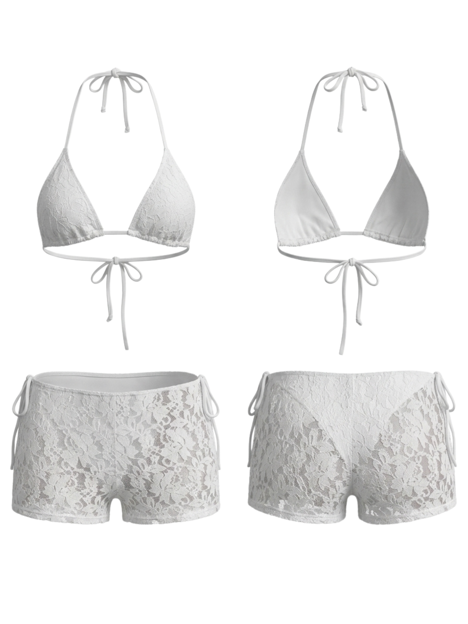 Floral Lace Halter Bikini With Lace Shorts 3 Piece Set