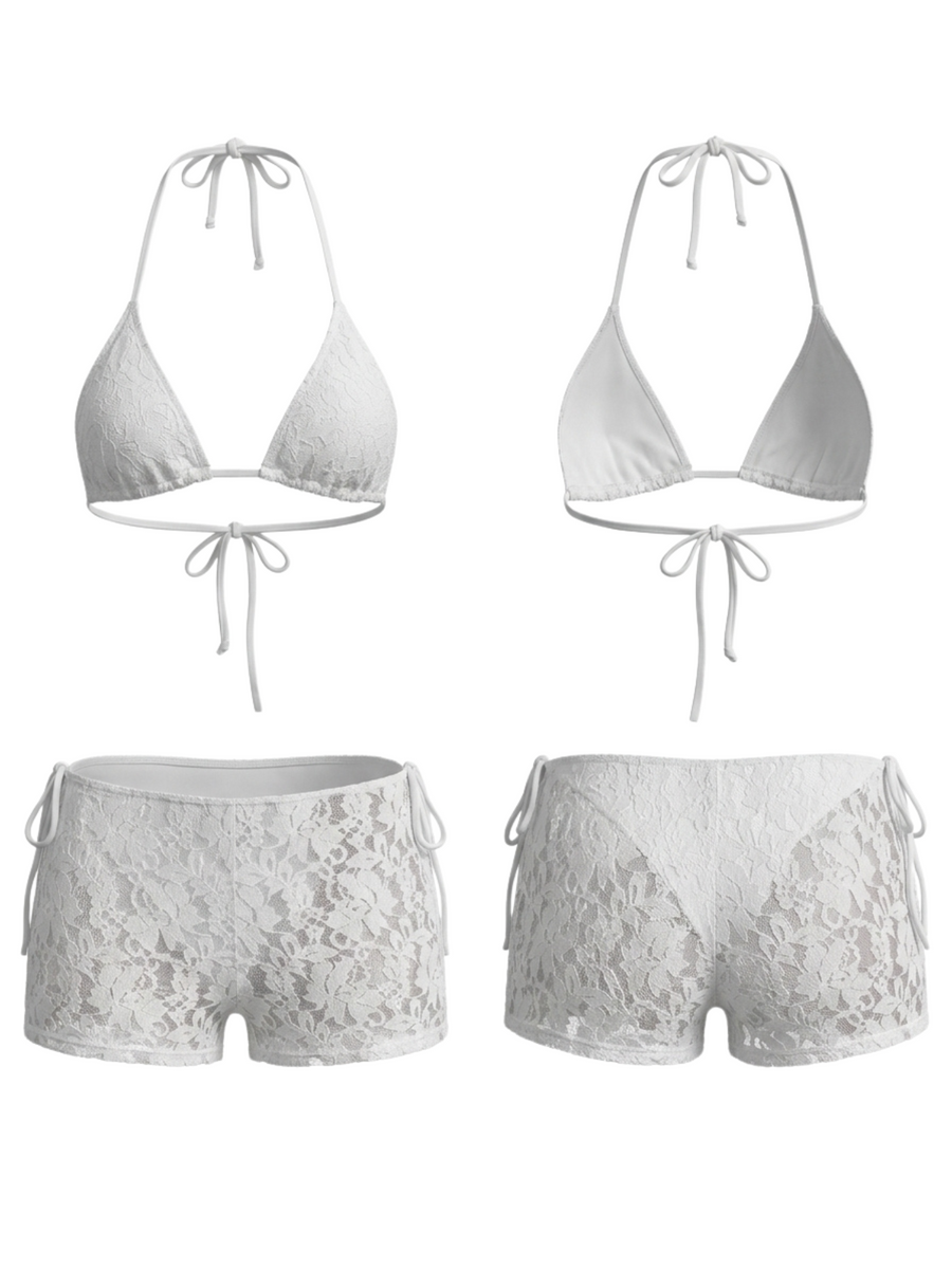 Floral Lace Halter Bikini With Lace Shorts 3 Piece Set