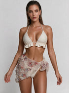 Ruffle Halter Bikini Floral Mesh Wrap Skirt 3 Piece Set