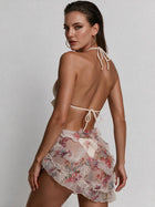 Ruffle Halter Bikini Floral Mesh Wrap Skirt 3 Piece Set