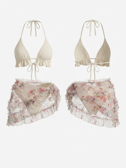 Ruffle Halter Bikini Floral Mesh Wrap Skirt 3 Piece Set