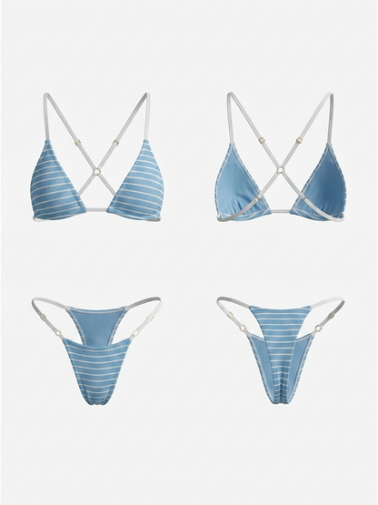 Stripe Thin Strap Cross Back High Cut Bikini Set