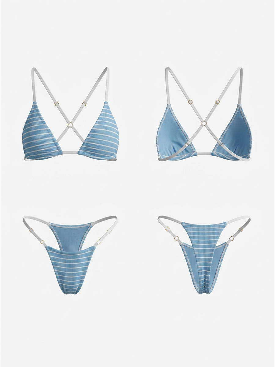 Stripe Thin Strap Cross Back High Cut Bikini Set