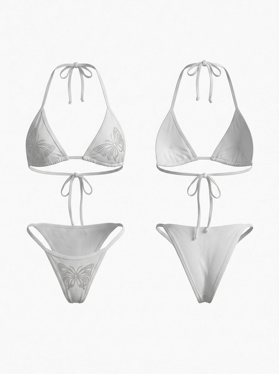 Rhinestone Butterfly Halter High Cut Bikini Set