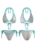 Metallic Grid Fabric Cyan Binding Halter Bikini