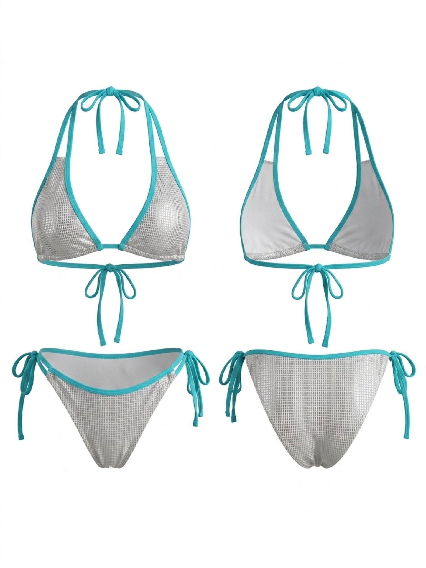 Metallic Grid Fabric Cyan Binding Halter Bikini