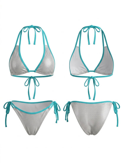 Metallic Grid Fabric Cyan Binding Halter Bikini