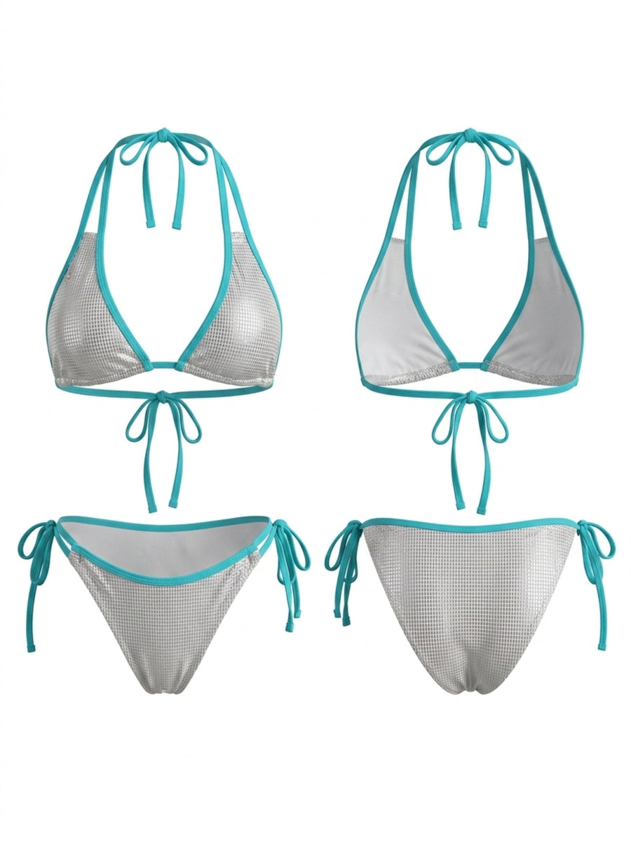 Metallic Grid Fabric Cyan Binding Halter Bikini
