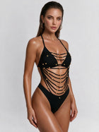 Black Beaded Multi Strap Halter Two Piece Bikini Set