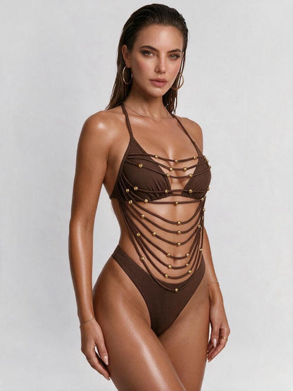 Black Beaded Multi Strap Halter Two Piece Bikini Set