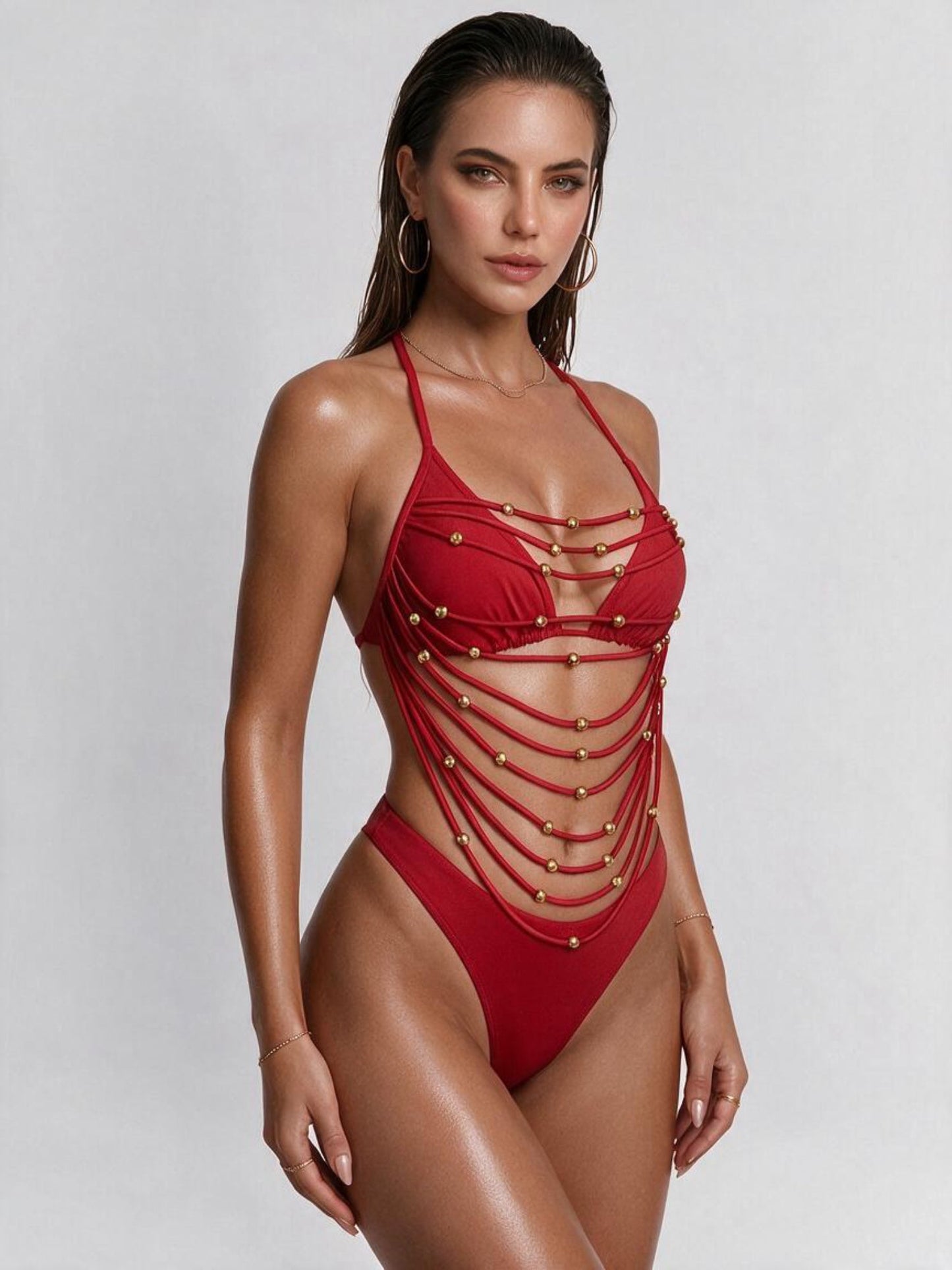 Black Beaded Multi Strap Halter Two Piece Bikini Set