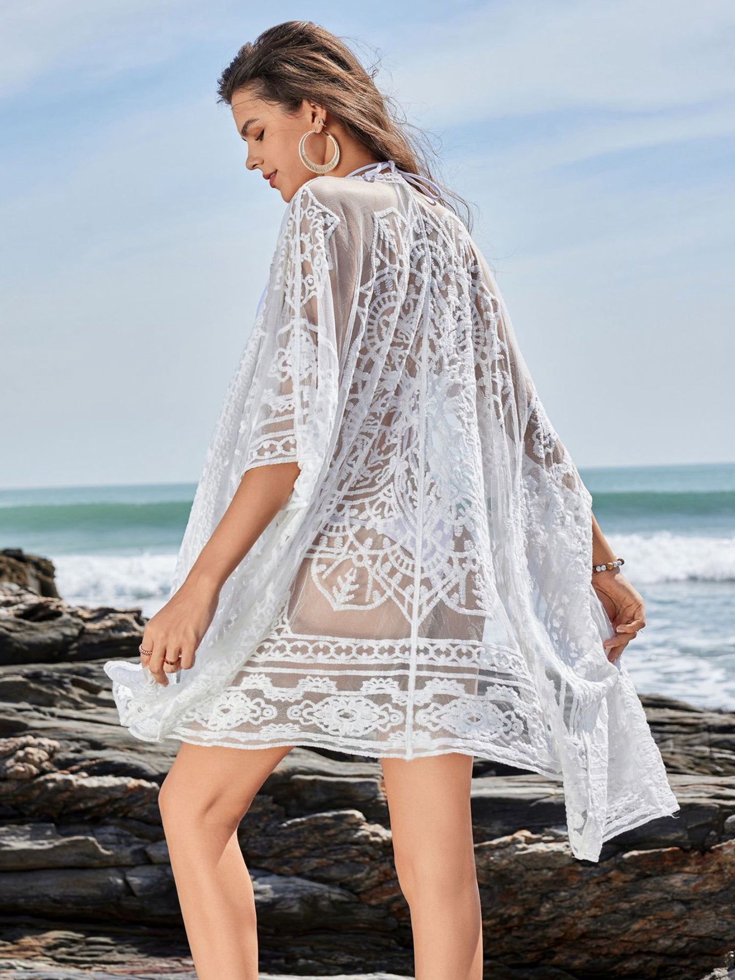 Lightweight White Crochet Lace Sheer Beach Sarong Cover Up