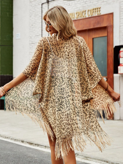 Gradient Leopard Sheer Fringe Short Sleeve Kimono Beach Cover Up