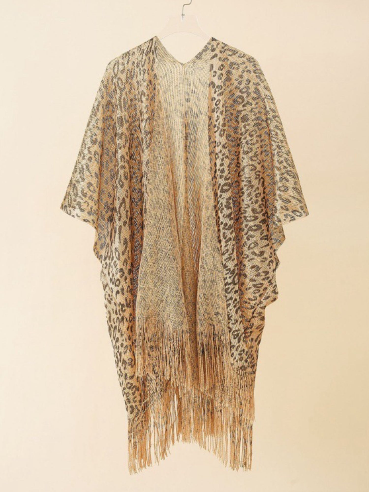 Gradient Leopard Sheer Fringe Short Sleeve Kimono Beach Cover Up
