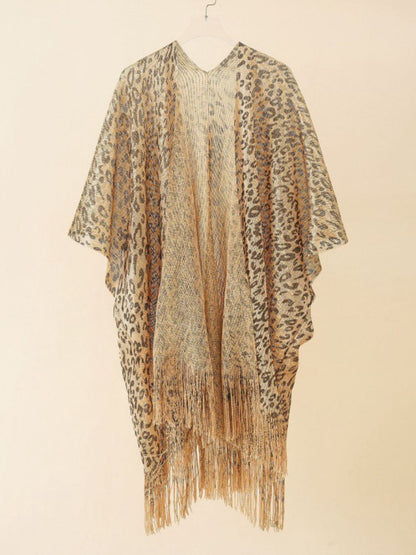 Gradient Leopard Sheer Fringe Short Sleeve Kimono Beach Cover Up