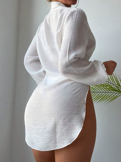 Oversized Sheer Linen Collared Long Shirt Bikini Cover Up