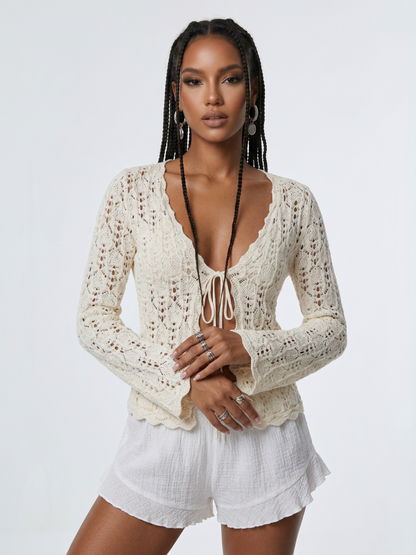 Cream Hollow Crochet Tie Front Flare Long Sleeve Knit Cardigan Cover Up