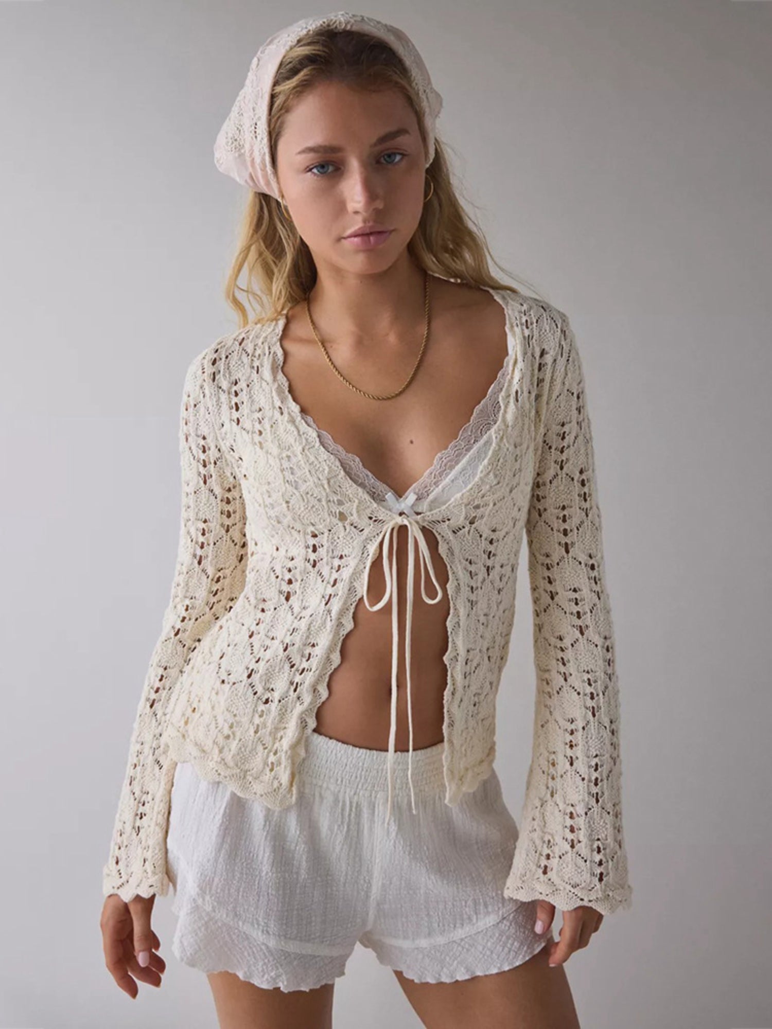 Cream Hollow Crochet Tie Front Flare Long Sleeve Knit Cardigan Cover Up