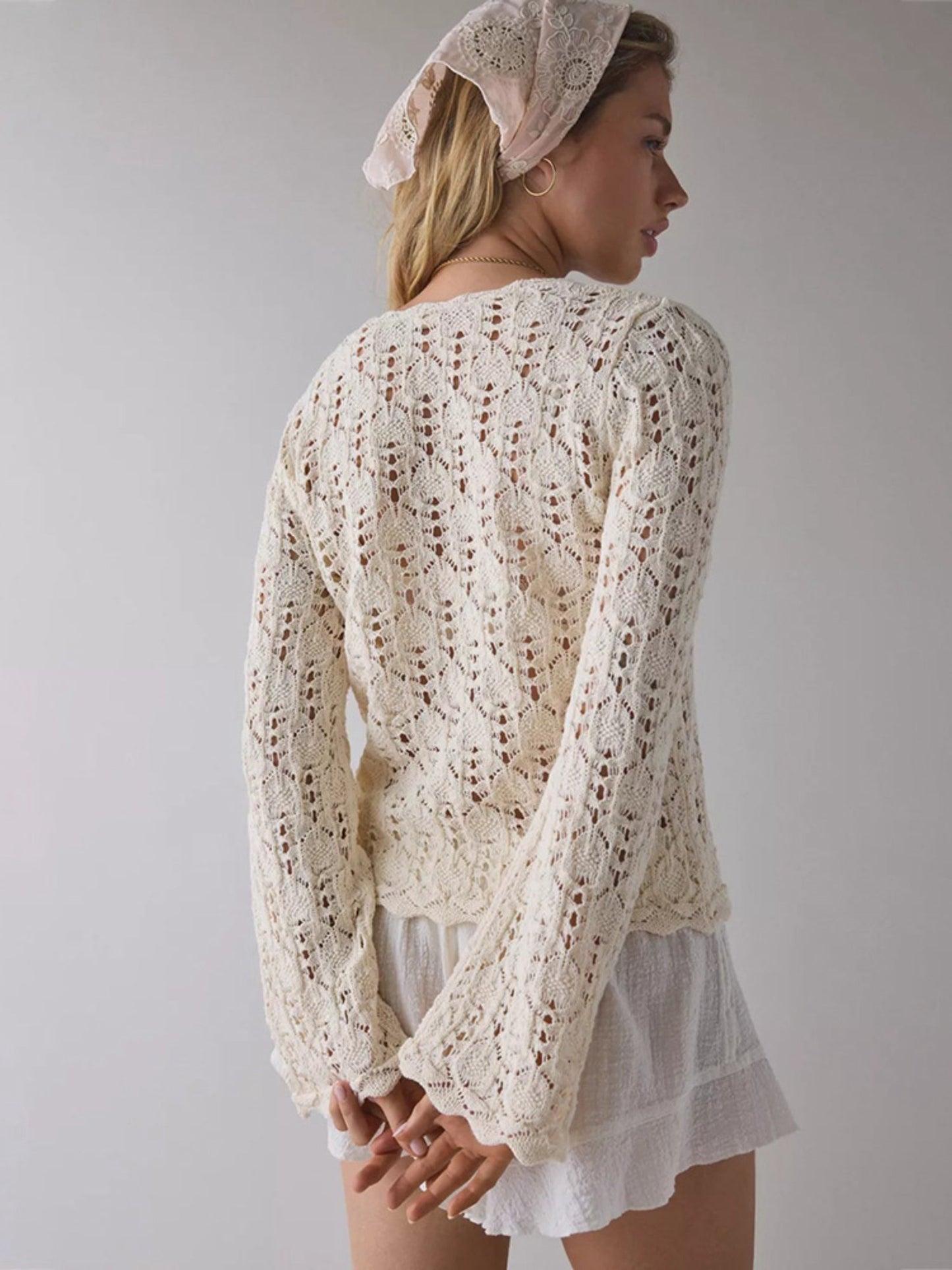 Cream Hollow Crochet Tie Front Flare Long Sleeve Knit Cardigan Cover Up