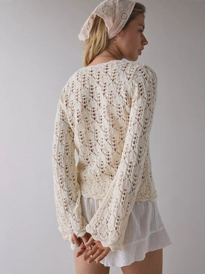 Cream Hollow Crochet Tie Front Flare Long Sleeve Knit Cardigan Cover Up