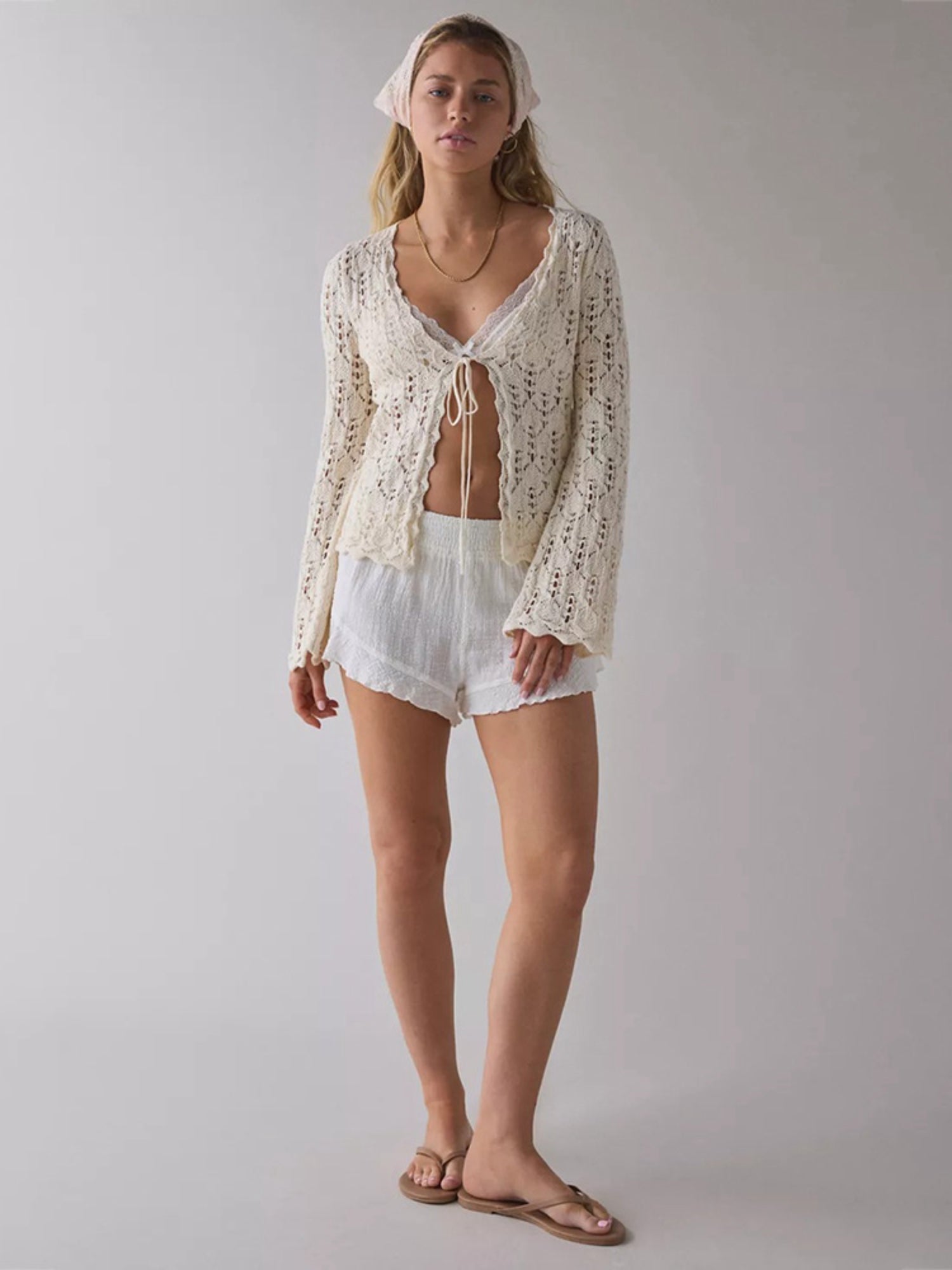 Cream Hollow Crochet Tie Front Flare Long Sleeve Knit Cardigan Cover Up