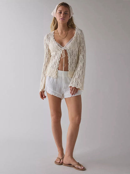 Cream Hollow Crochet Tie Front Flare Long Sleeve Knit Cardigan Cover Up