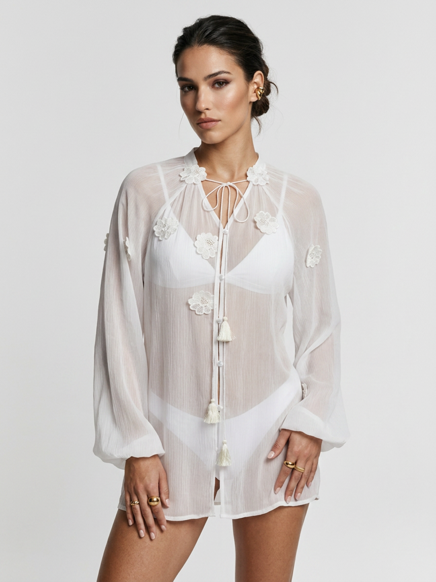 Tie Front Floral Applique Loose Long Sleeve Bikini Cover Up