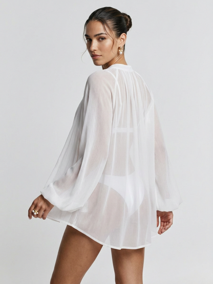 Tie Front Floral Applique Loose Long Sleeve Bikini Cover Up