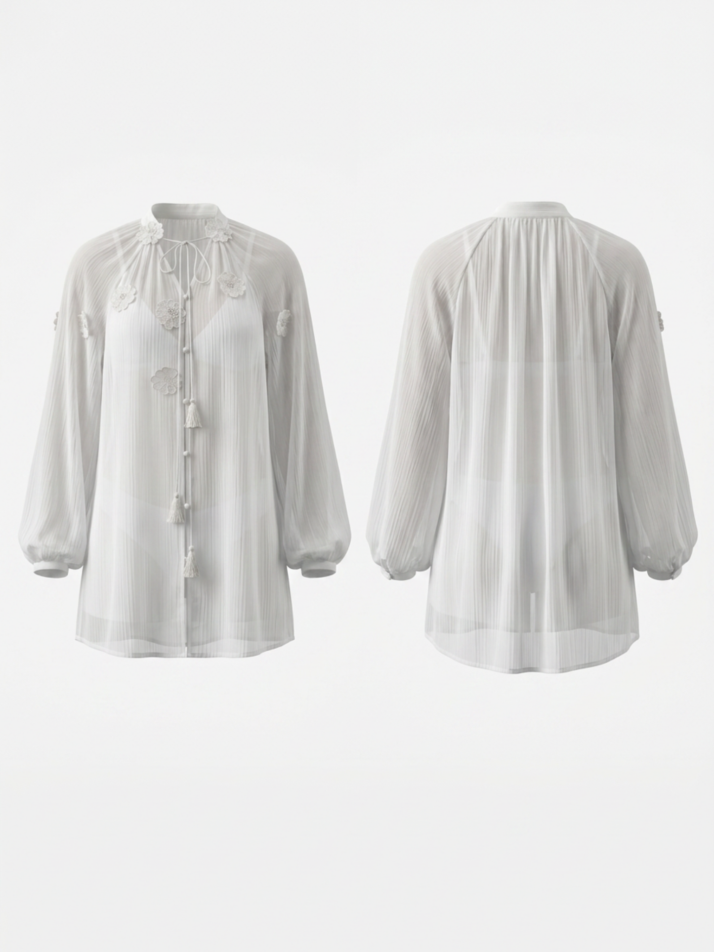 Tie Front Floral Applique Loose Long Sleeve Bikini Cover Up