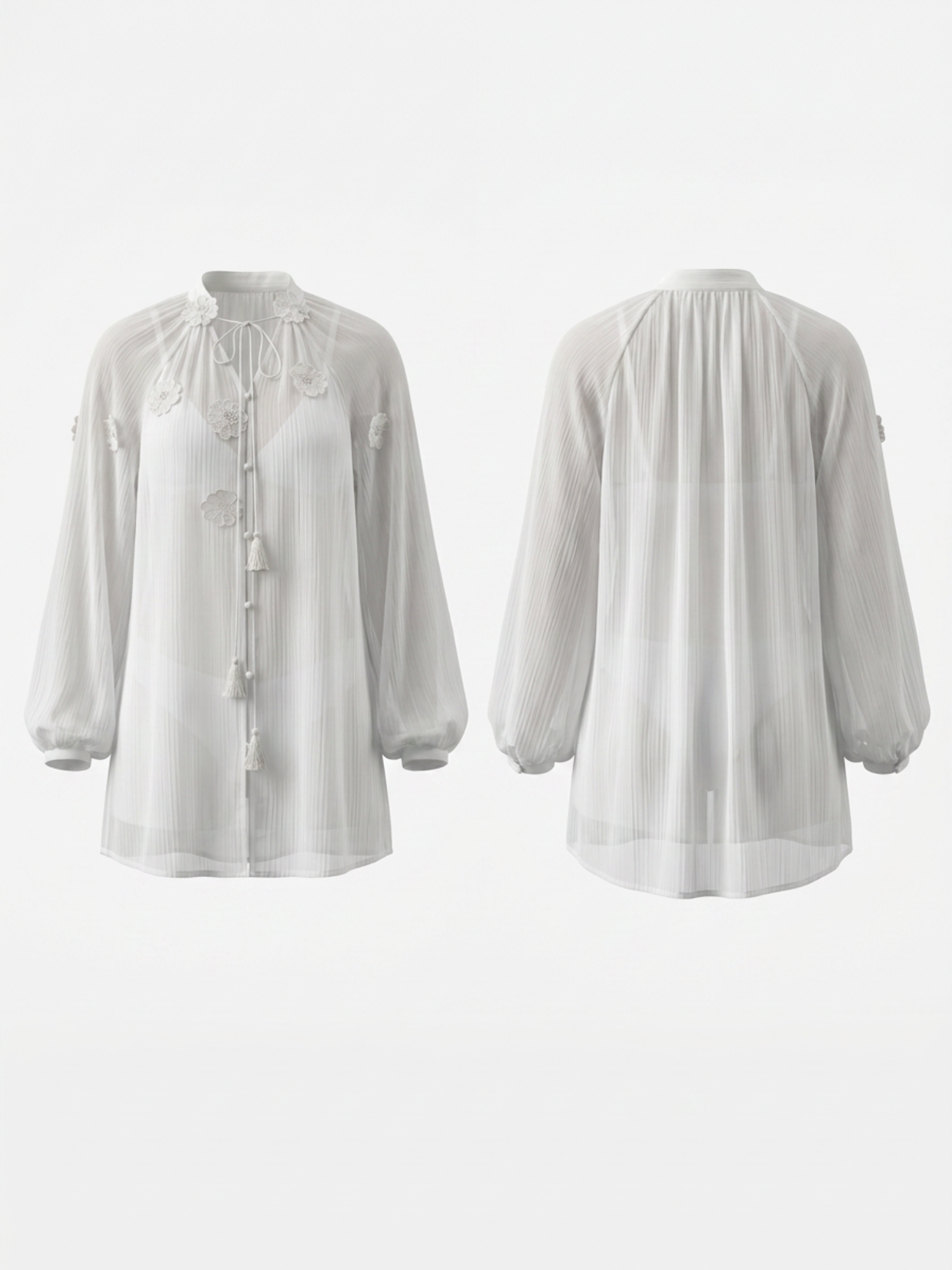 Tie Front Floral Applique Loose Long Sleeve Bikini Cover Up
