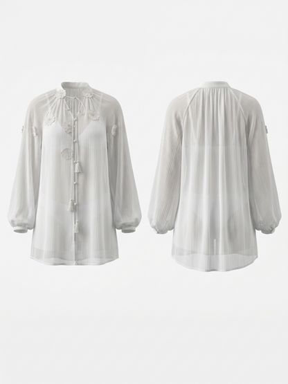 Tie Front Floral Applique Loose Long Sleeve Bikini Cover Up