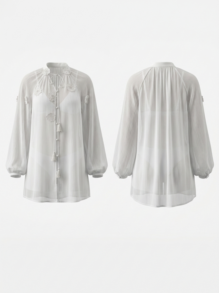 Tie Front Floral Applique Loose Long Sleeve Bikini Cover Up