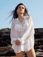 Tie Front Floral Applique Loose Long Sleeve Bikini Cover Up