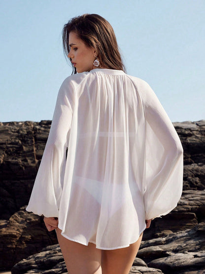Tie Front Floral Applique Loose Long Sleeve Bikini Cover Up