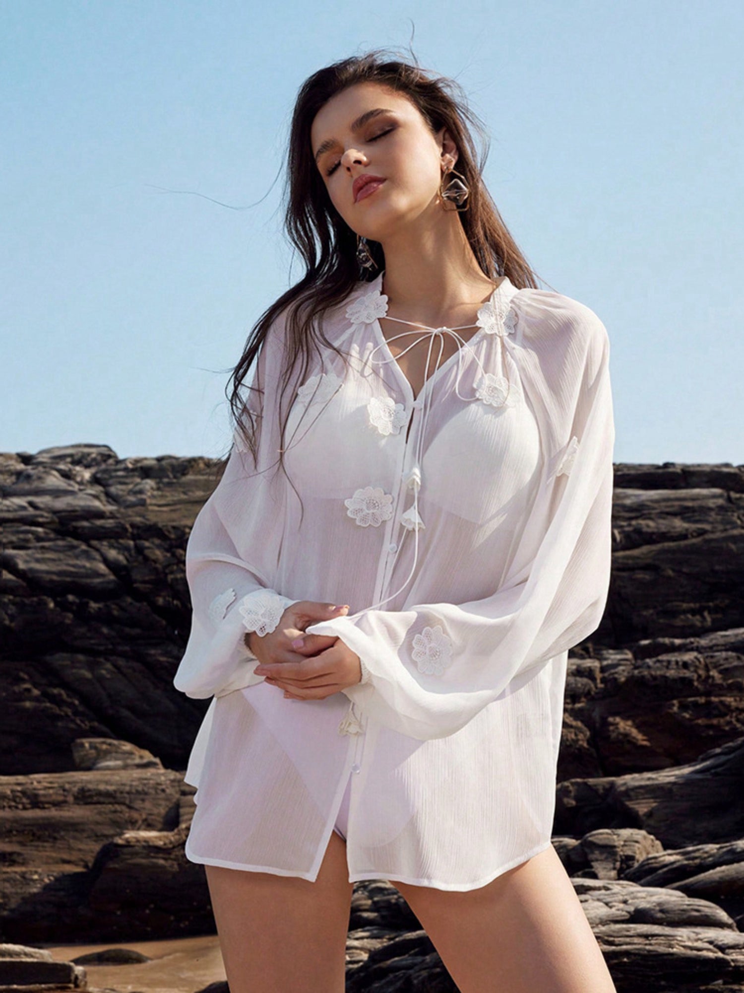 Tie Front Floral Applique Loose Long Sleeve Bikini Cover Up