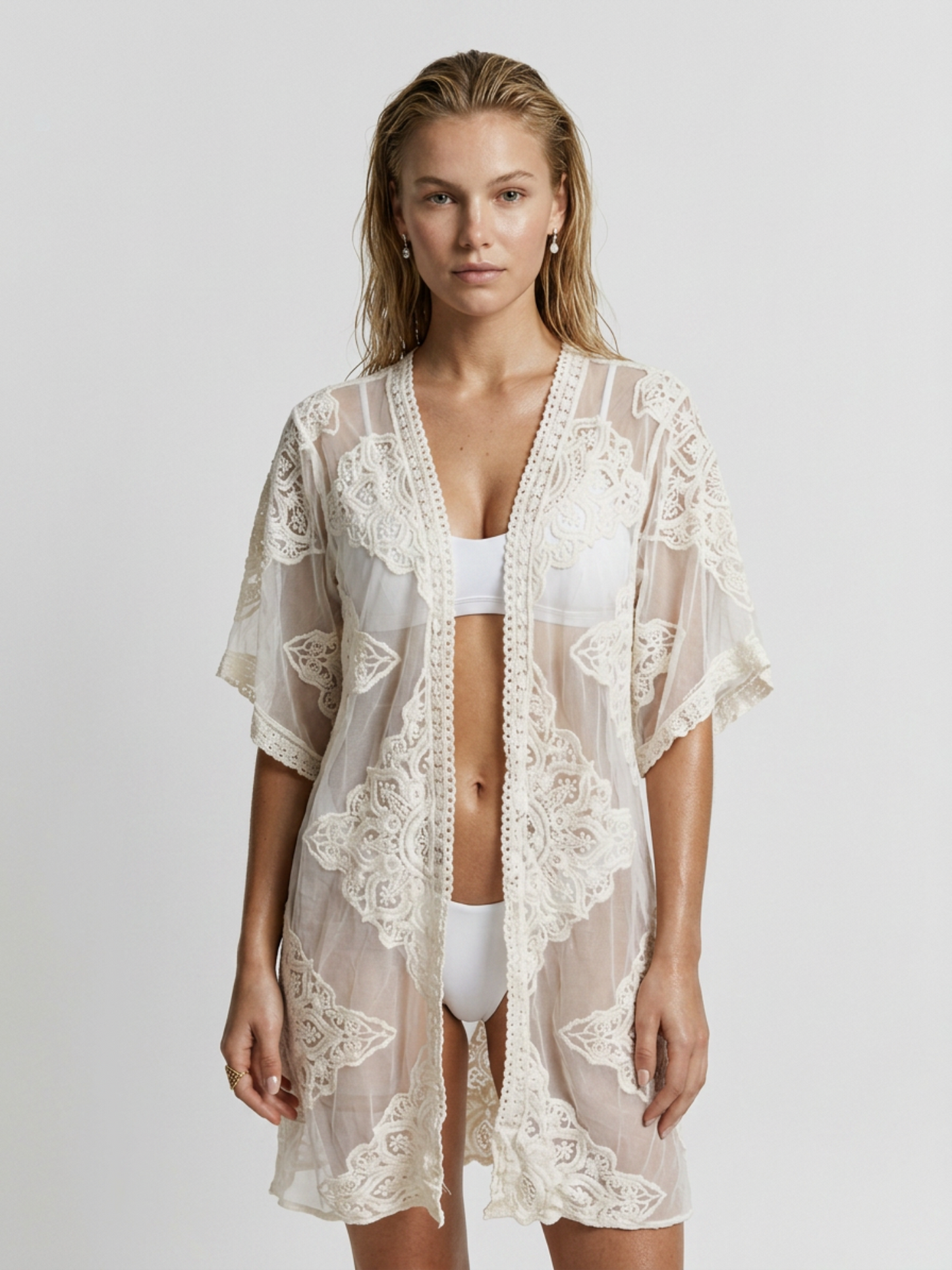 Lace Embroidery Open Front Kimono Beach Cover Up