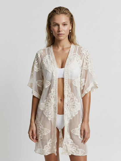 Lace Embroidery Open Front Kimono Beach Cover Up