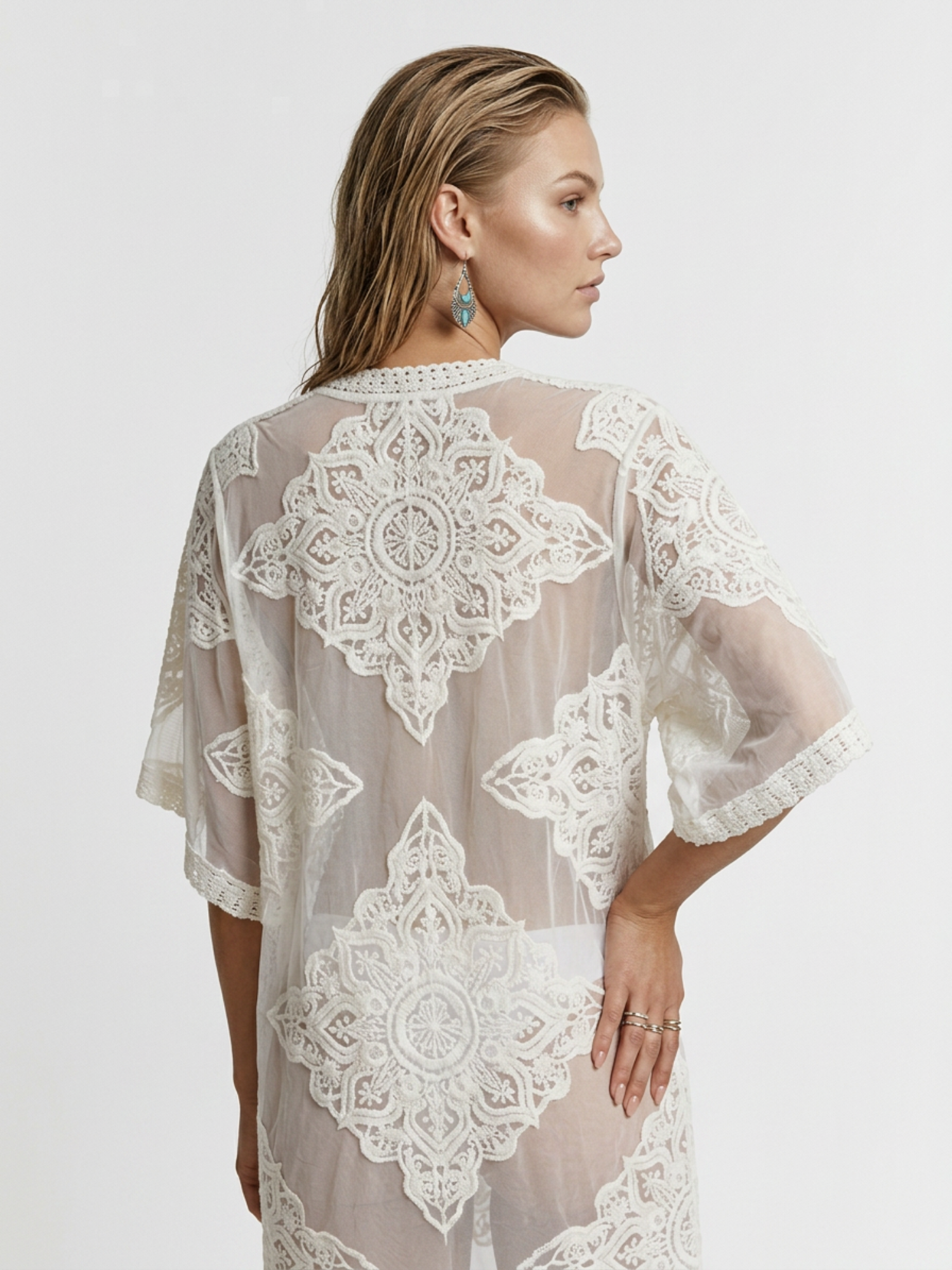 Lace Embroidery Open Front Kimono Beach Cover Up