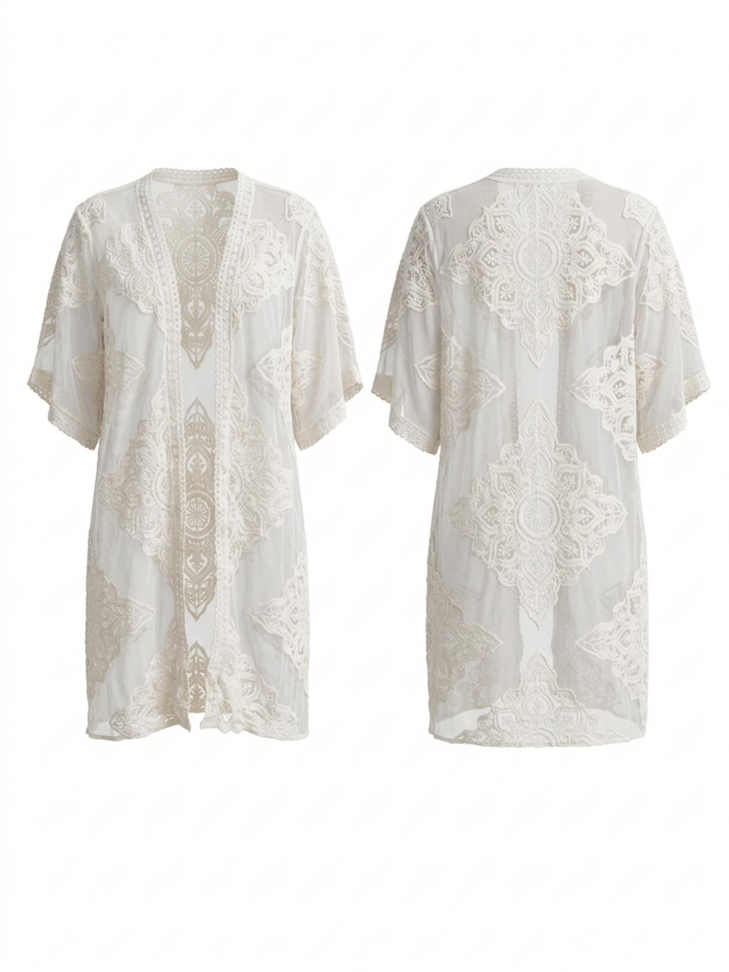 Lace Embroidery Open Front Kimono Beach Cover Up