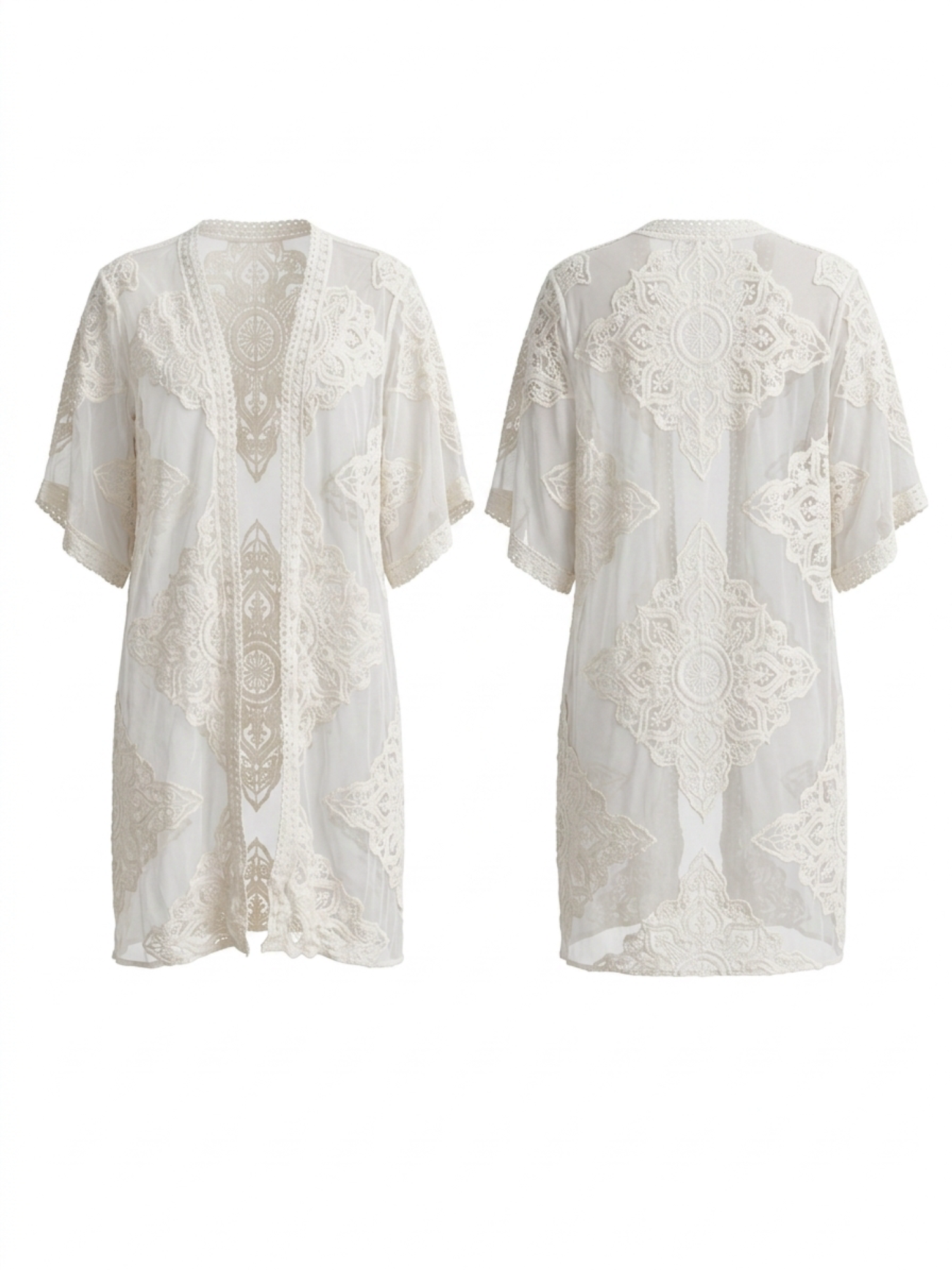 Lace Embroidery Open Front Kimono Beach Cover Up