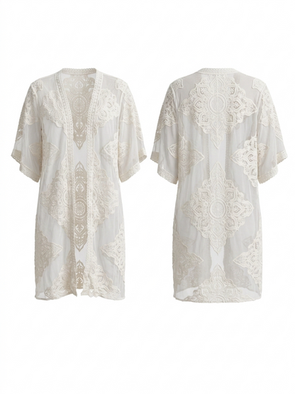 Lace Embroidery Open Front Kimono Beach Cover Up