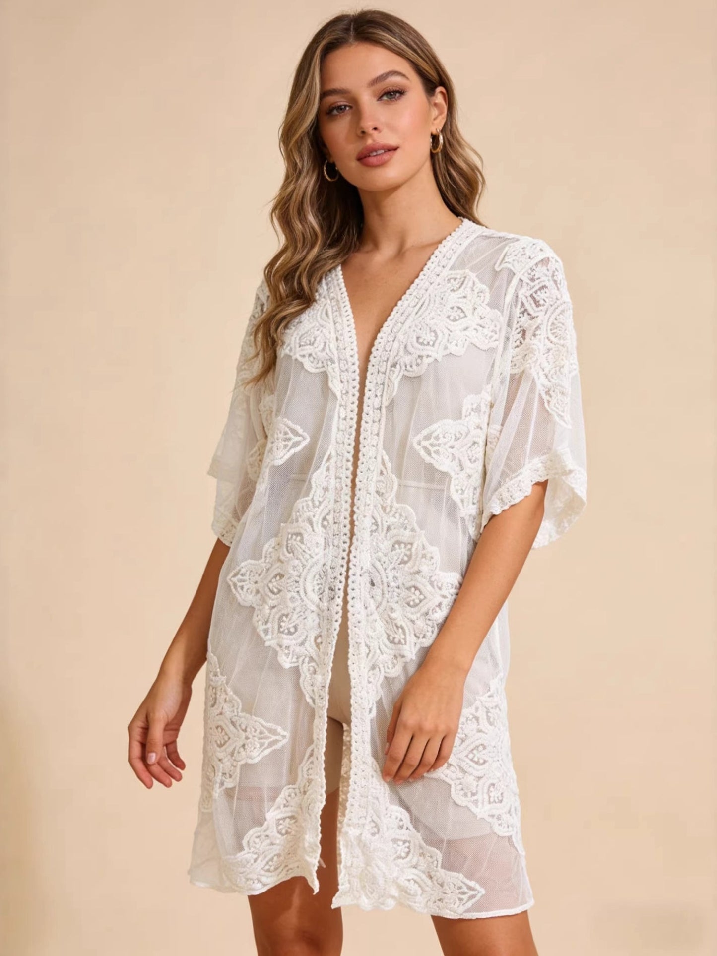 Lace Embroidery Open Front Kimono Beach Cover Up
