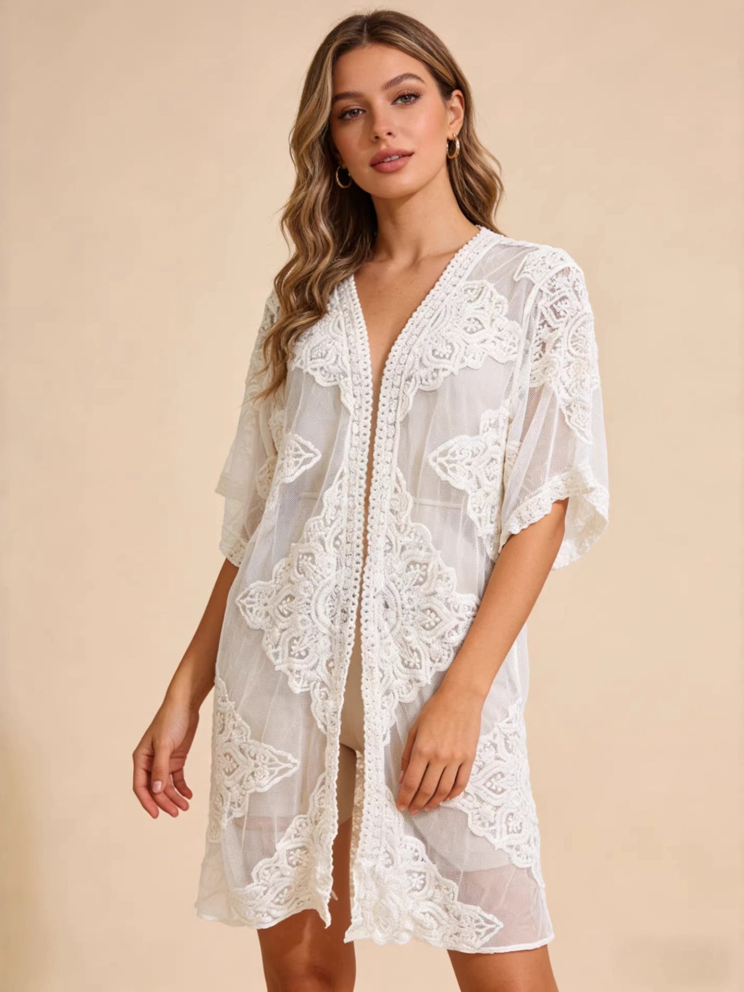 Lace Embroidery Open Front Kimono Beach Cover Up