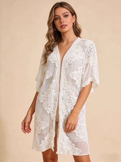 Lace Embroidery Open Front Kimono Beach Cover Up