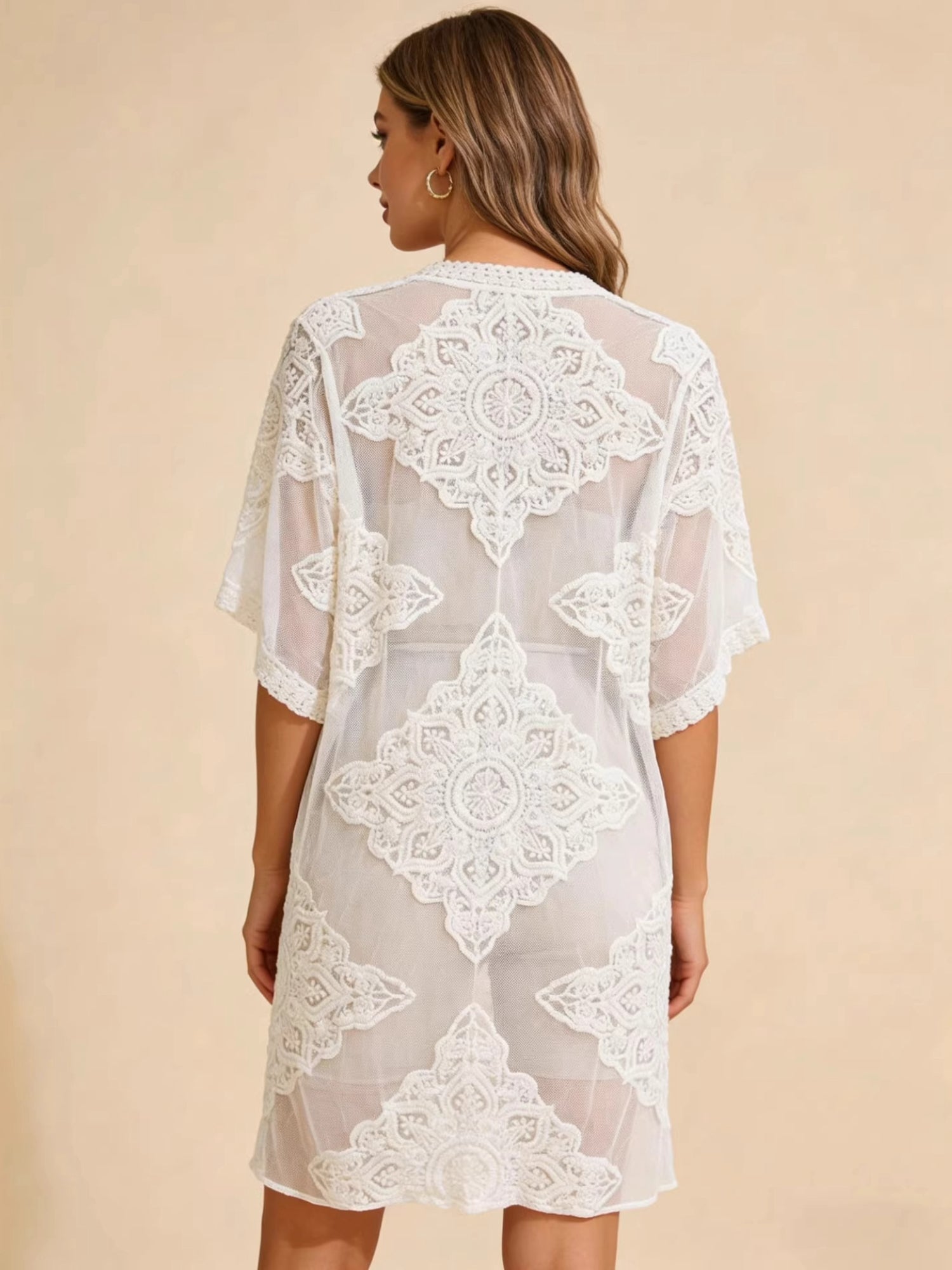 Lace Embroidery Open Front Kimono Beach Cover Up