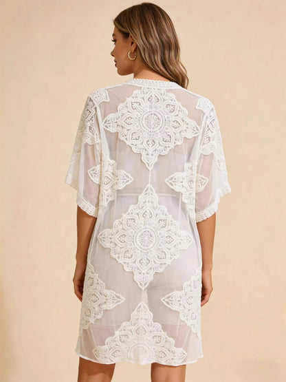 Lace Embroidery Open Front Kimono Beach Cover Up