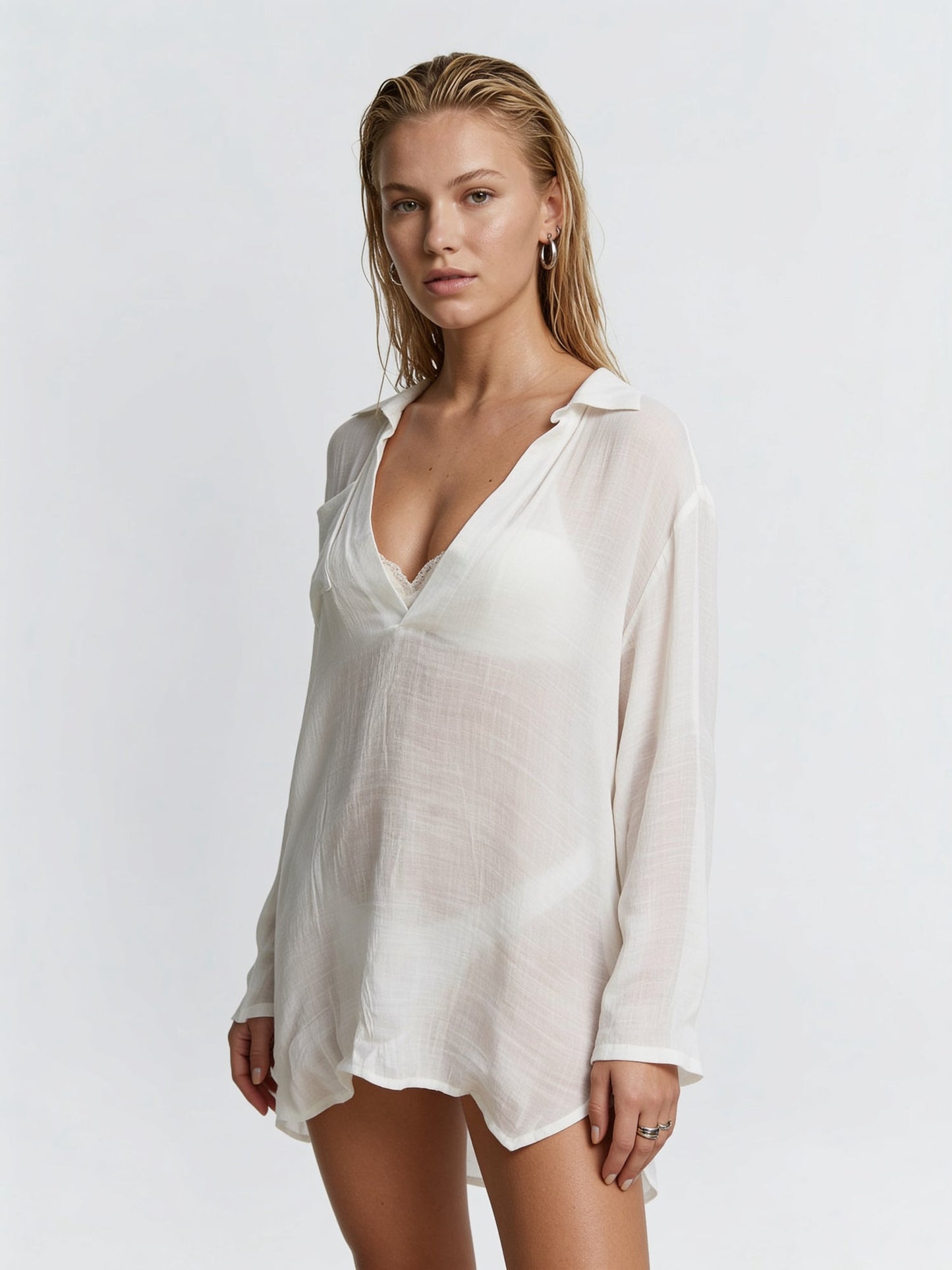 White Sheer Long Sleeve Shirt Beach Cover Up