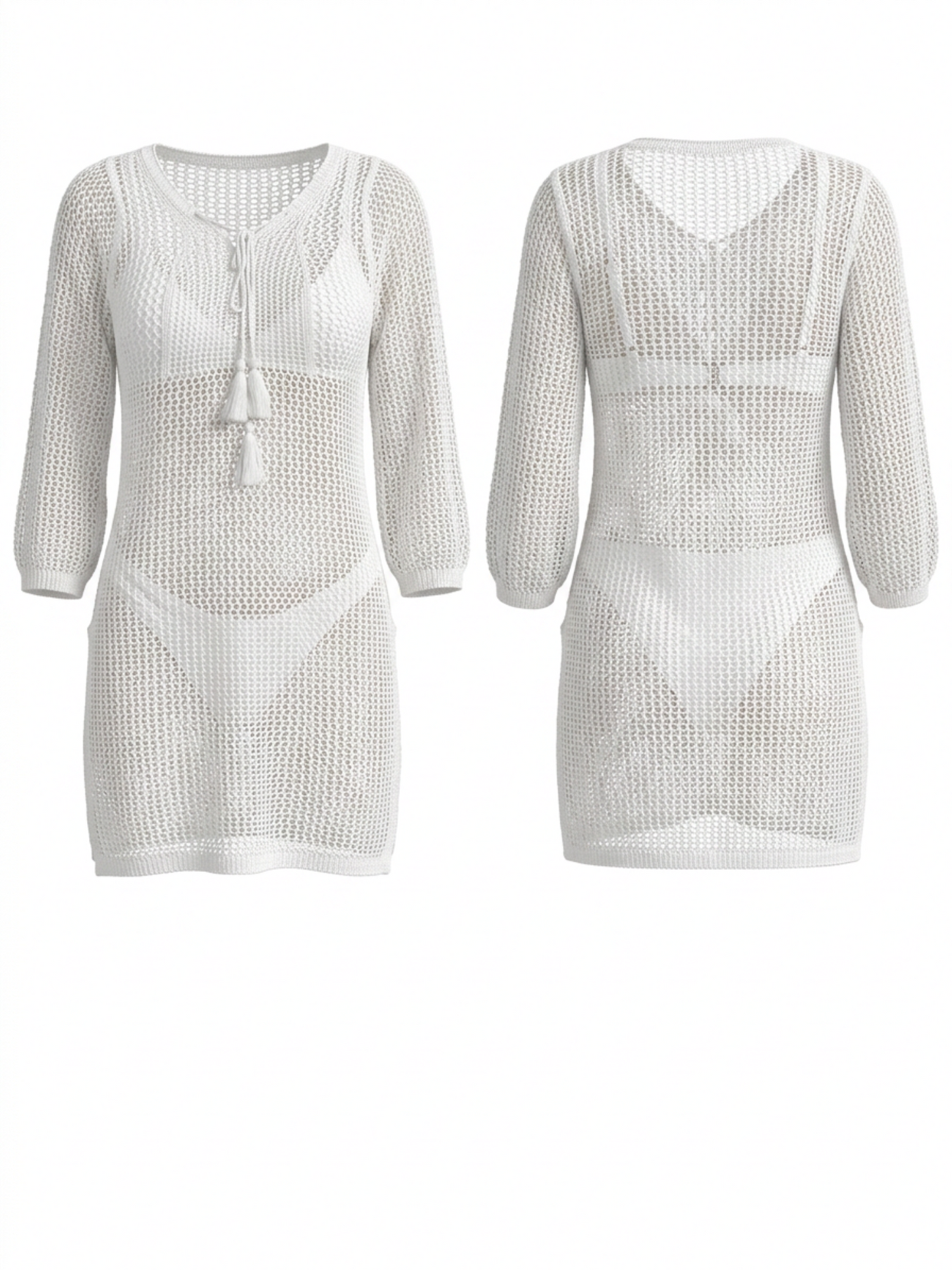 Hollow Knit Tassel Tie Beach Cover Up