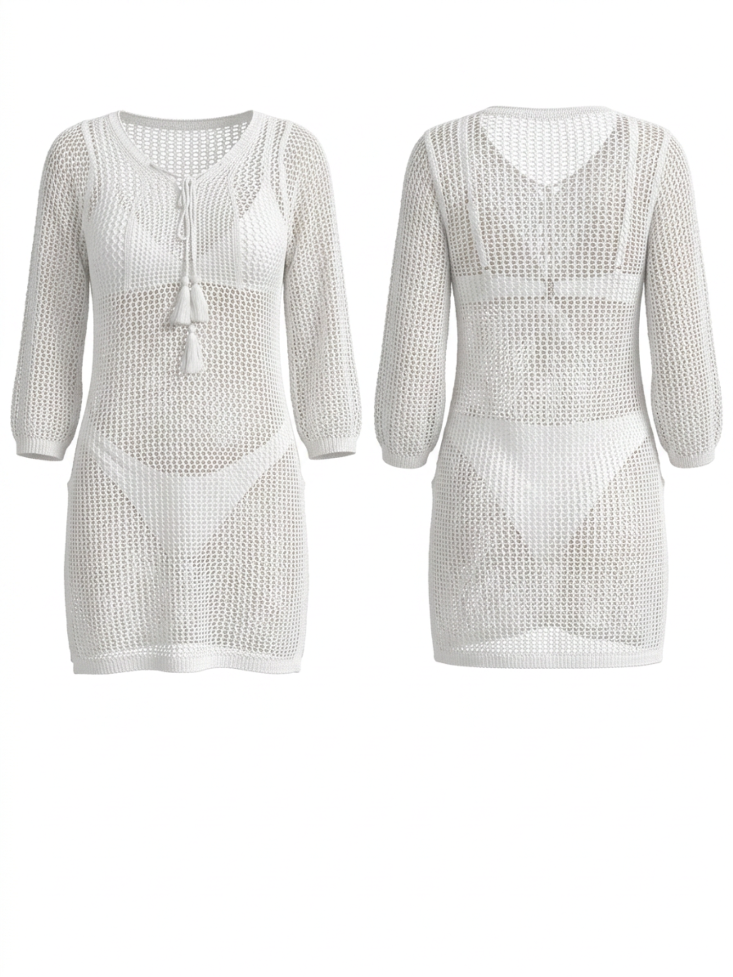 Hollow Knit Tassel Tie Beach Cover Up