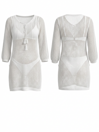 Hollow Knit Tassel Tie Beach Cover Up